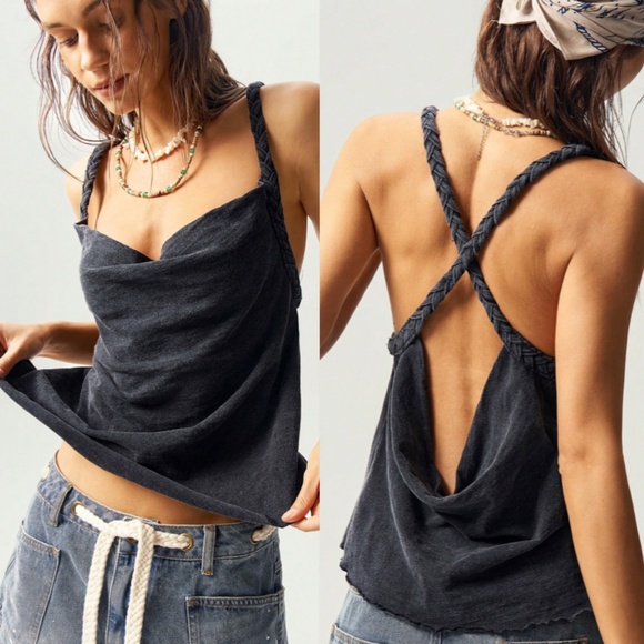 Cotton Backless Draped Tank Top in Grey Braided Criss Cross Straps - Picture 1 of 10